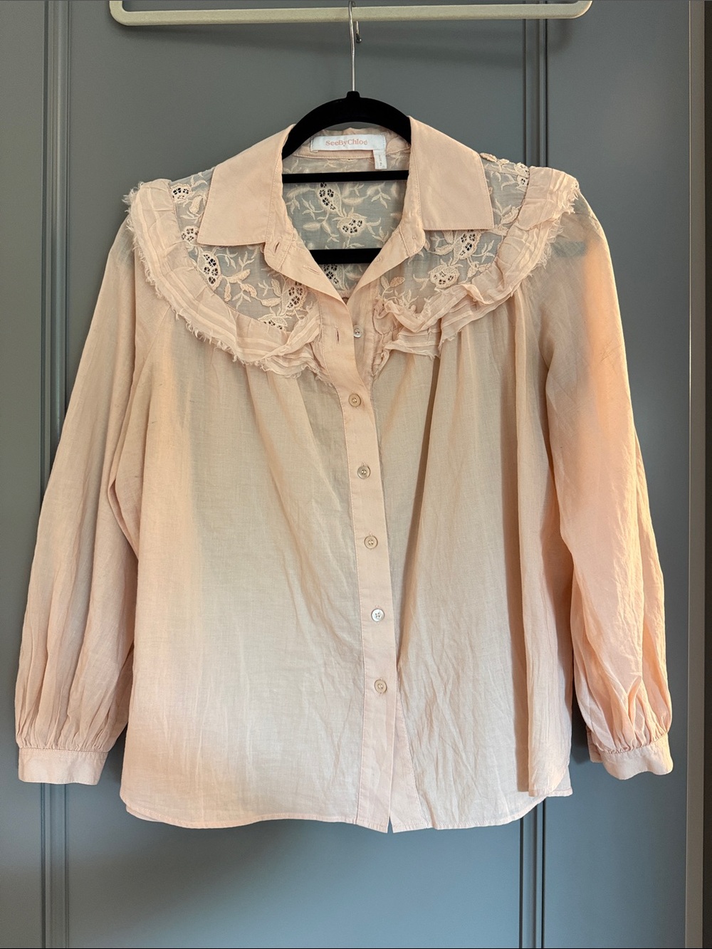 See By Chloé Pink Lace-Yoke Button Down Blouse